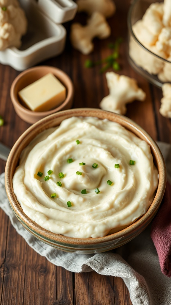 A bowl of creamy cauliflower mash garnished with chives on a wooden table.